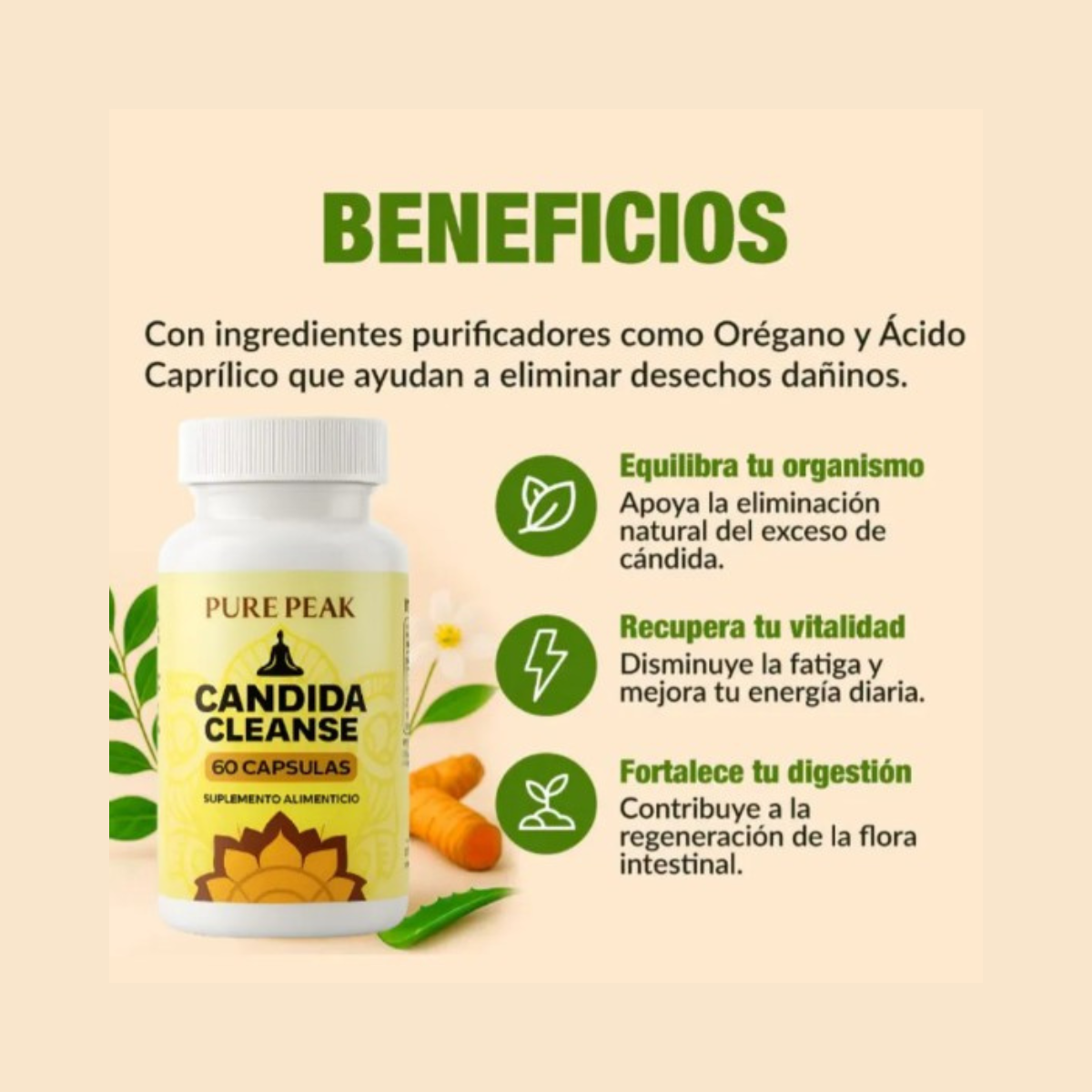 Suplemento natural de limpieza intestinal PowerSuppps con probióticos y ácido caprílico para el equilibrio digestivo.