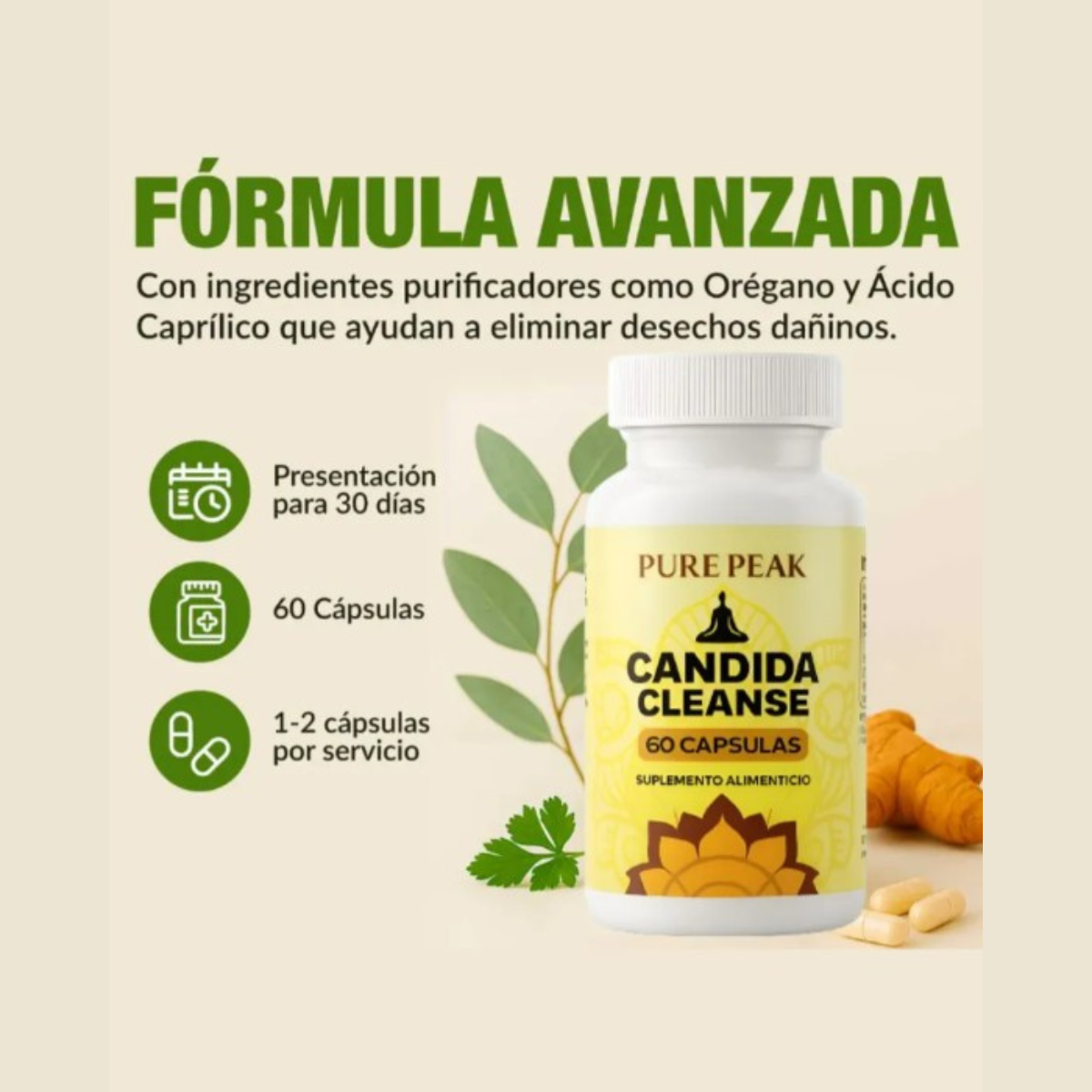 Suplemento natural de limpieza intestinal PowerSuppps con probióticos y ácido caprílico para el equilibrio digestivo.