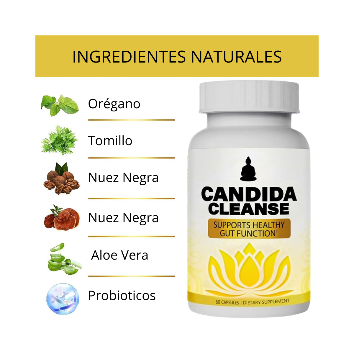 Suplemento natural de limpieza intestinal PowerSuppps con probióticos y ácido caprílico para el equilibrio digestivo.